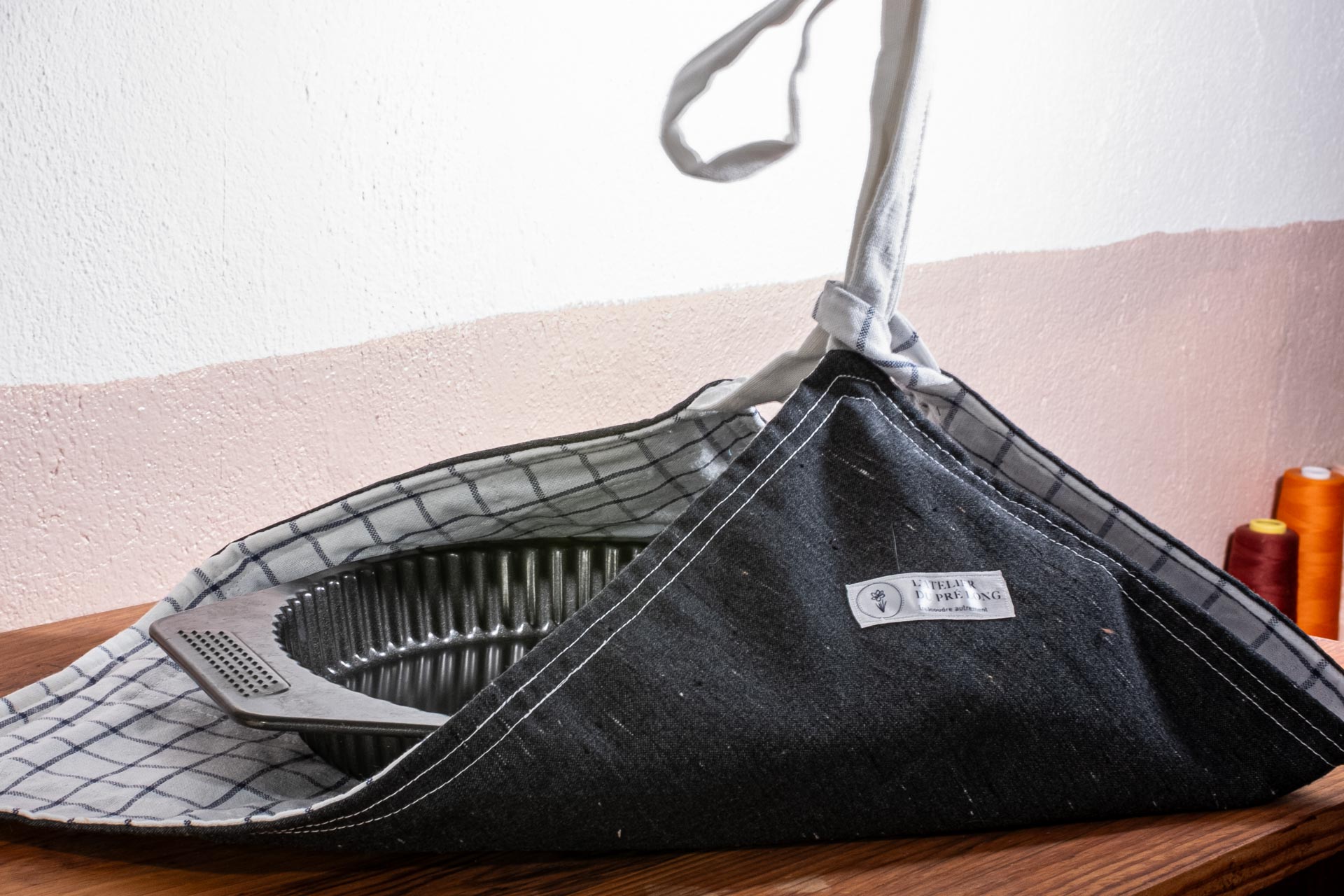 Sac à tarte en tissu recyclé vue de près